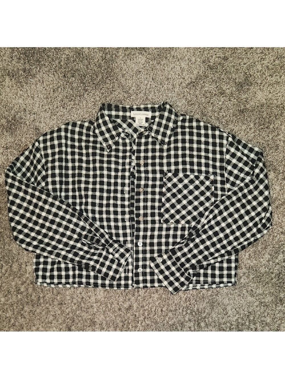 Black and White Cropped Plaid Button-Up Shirt W Stud Detail On Color